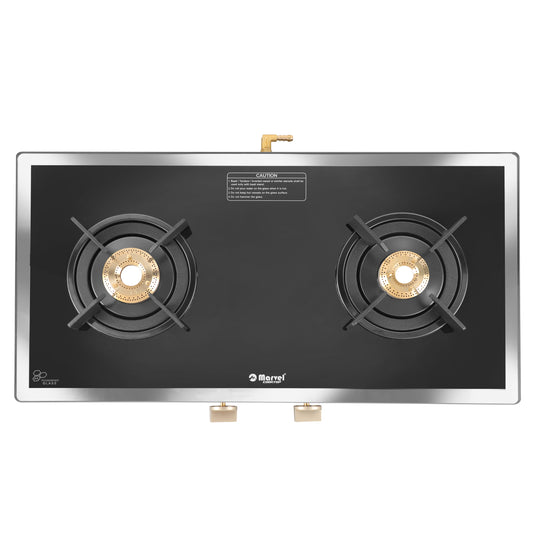 Cooktop Marvel – 2 Burner Side Mirror Glass Gas Stove with Black SS Mirror Finish Frame, Round Pan Support, Brass Top (WEGO - 2501)