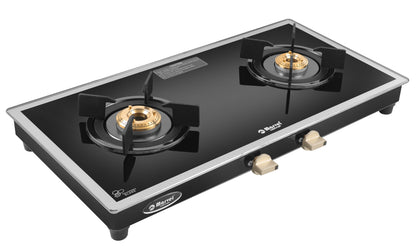 Cooktop Marvel – 2 Burner Side Mirror Glass Gas Stove with Black SS Mirror Finish Frame, Round Pan Support, Brass Top (WEGO - 2501)