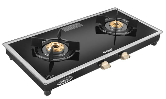 Cooktop Marvel – 2 Burner Side Mirror Glass Gas Stove with Black SS Mirror Finish Frame, Round Pan Support, Brass Top (WEGO - 2501)