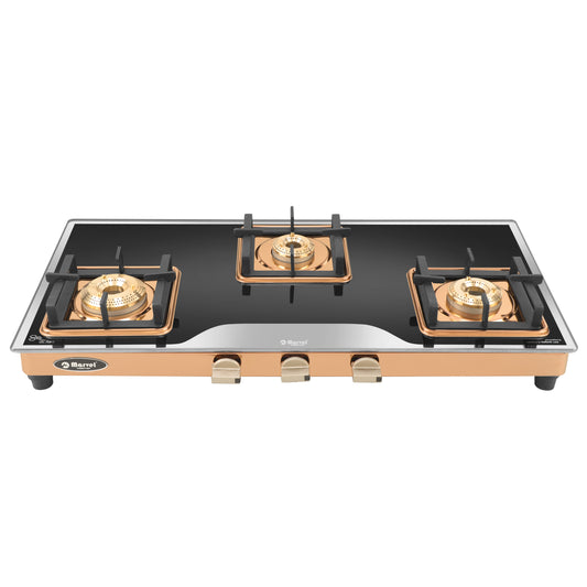 Cooktop Marvel – 3 Burner Premium LPG Gas Stove | Elite Mirror Glass, Rose Gold SS Mirror Frame, Square Pan Support | Brass Top (BEAST – 3503)