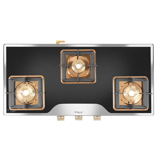 Cooktop Marvel – 3 Burner Premium LPG Gas Stove | Elite Mirror Glass, Rose Gold SS Mirror Frame, Square Pan Support | Brass Top (BEAST – 3503)