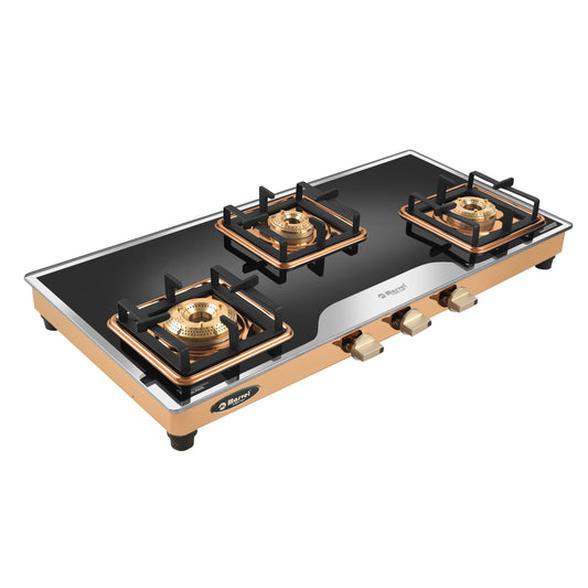 Cooktop Marvel – 3 Burner Premium LPG Gas Stove | Elite Mirror Glass, Rose Gold SS Mirror Frame, Square Pan Support | Brass Top (BEAST – 3503)