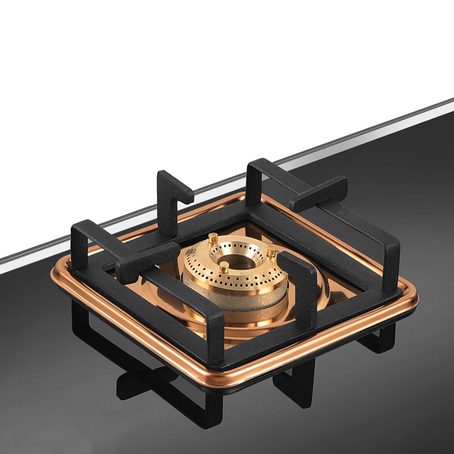 Cooktop Marvel – 3 Burner Premium LPG Gas Stove | Elite Mirror Glass, Rose Gold SS Mirror Frame, Square Pan Support | Brass Top (BEAST – 3503)
