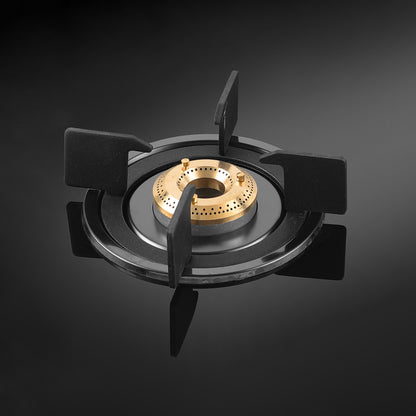 Cooktop Marvel – 2 Burner Side Mirror Glass Gas Stove with Black SS Mirror Finish Frame, Round Pan Support, Brass Top (WEGO - 2501)