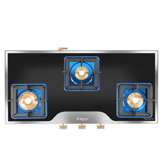Cooktop Marvel – 3 Burner Premium LPG Gas Stove | Elite Mirror Glass, Blue SS Mirror Frame, Square Pan Support | Brass Top (BEAST – 3503)