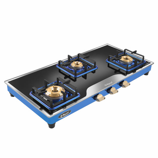 Cooktop Marvel – 3 Burner Premium LPG Gas Stove | Elite Mirror Glass, Blue SS Mirror Frame, Square Pan Support | Brass Top (BEAST – 3503)