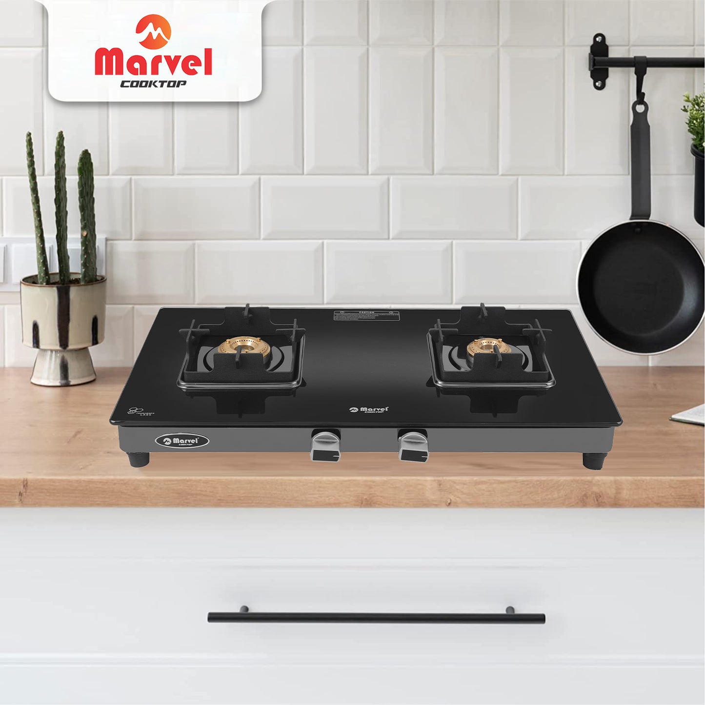 Cooktop Marvel – 2 Burner Crystal Black Glass Gas Stove with Black SS Mirror Finish Frame, Square Pan Support, Brass Top (DOOM - 2502)