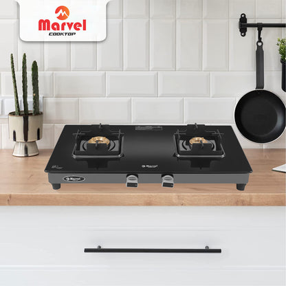 Cooktop Marvel – 2 Burner Crystal Black Glass Gas Stove with Black SS Mirror Finish Frame, Square Pan Support, Brass Top (DOOM - 2502)