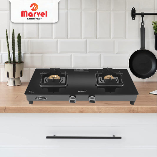 Cooktop Marvel – 2 Burner Crystal Black Glass Gas Stove with Black SS Mirror Finish Frame, Square Pan Support, Brass Top (DOOM - 2502)