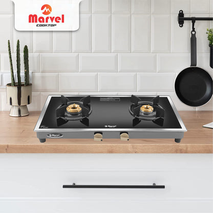 Cooktop Marvel – 2 Burner Side Mirror Glass Gas Stove with Black SS Mirror Finish Frame, Round Pan Support, Brass Top (WEGO - 2501)