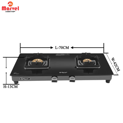Cooktop Marvel – 2 Burner Crystal Black Glass Gas Stove with Black SS Mirror Finish Frame, Square Pan Support, Brass Top (DOOM - 2502)