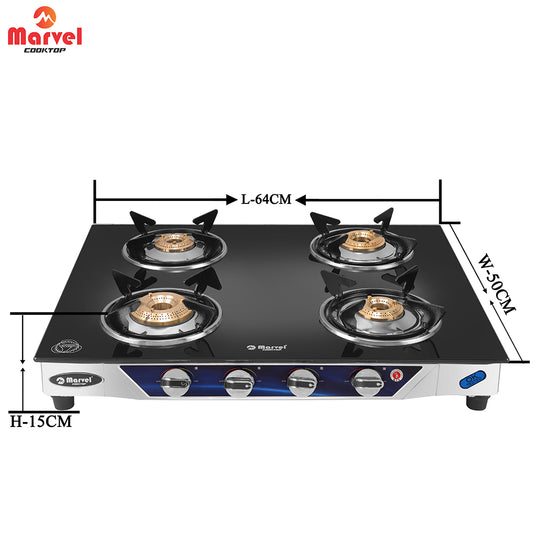 Cooktop Marvel – 4 Burner Gas Stove | Crystal Black Glass, SS Frame | Regular Brass Burner | Manual Ignition, LPG Compatible (PHASTOS SS – 4401)