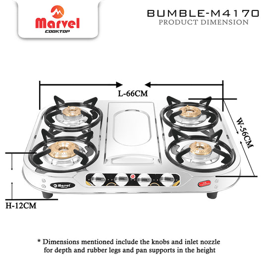 Cooktop Marvel – 4 Burner Plus Glain Stainless Steel LPG Gas Stove | Jumbo Brass Burner | Manual Ignition (TYPHON – 4201)
