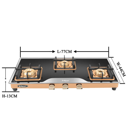 Cooktop Marvel – 3 Burner Premium LPG Gas Stove | Elite Mirror Glass, Rose Gold SS Mirror Frame, Square Pan Support | Brass Top (BEAST – 3503)