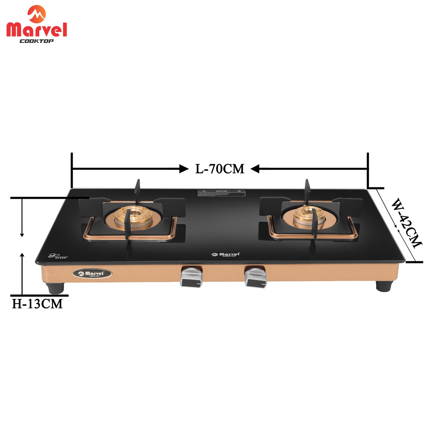Cooktop Marvel – 2 Burner Crystal Black Glass Gas Stove with Rose Gold SS Mirror Finish Frame, Square Pan Support, Brass Top (DOOM - 2502)