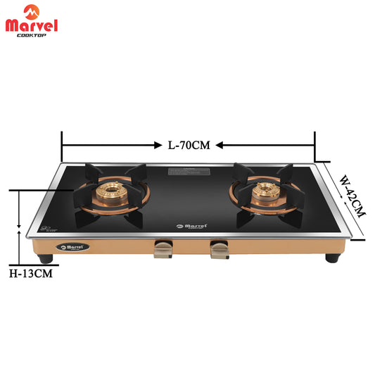 Cooktop Marvel – 2 Burner Side Mirror Glass Gas Stove with Rose Gold SS Mirror Finish Frame, Round Pan Support, Brass Top (WEGO - 2501)
