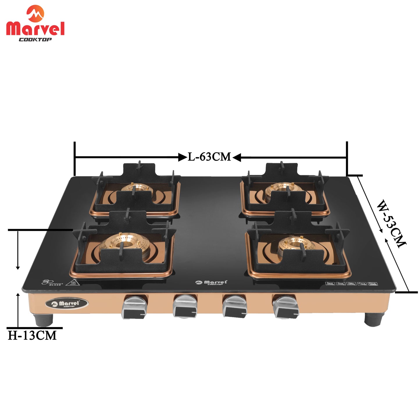Cooktop Marvel – 4 Burner Premium Gas Stove | Crystal Black Glass, Rose Gold SS Mirror Frame, Square Pan Support | Brass Top, Manual Ignition, LPG Compatible (DOOM – 4502)