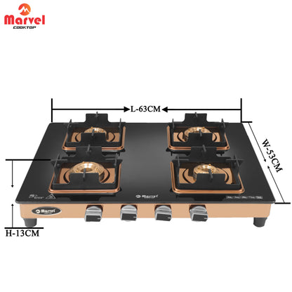 Cooktop Marvel – 4 Burner Premium Gas Stove | Crystal Black Glass, Rose Gold SS Mirror Frame, Square Pan Support | Brass Top, Manual Ignition, LPG Compatible (DOOM – 4502)