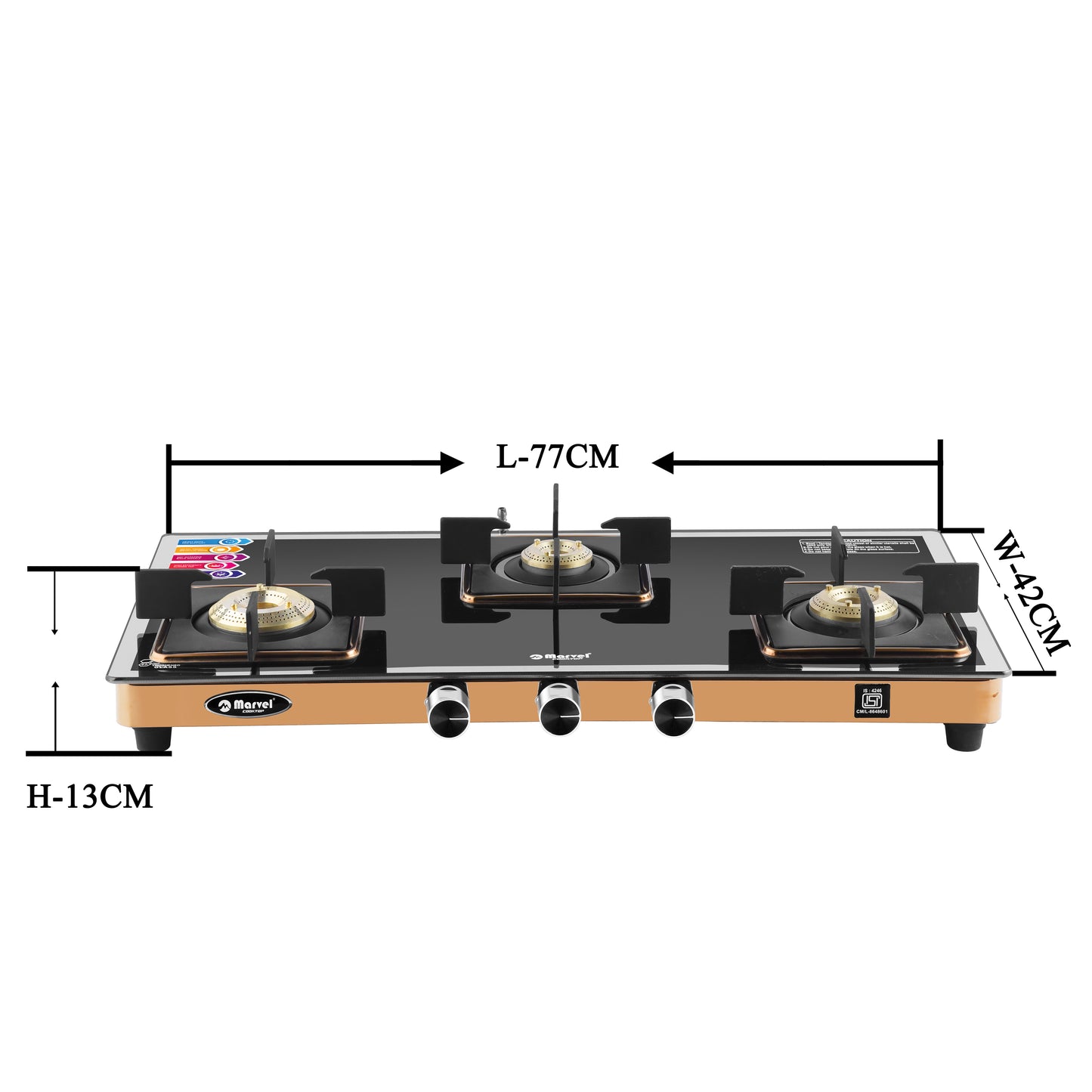 Cooktop Marvel – 3 Burner Premium LPG Gas Stove | Side Mirror Glass, Rose Gold SS Mirror Frame, Square Pan Support | Brass Top (WEGO – 3501)