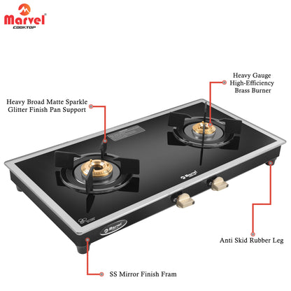 Cooktop Marvel – 2 Burner Side Mirror Glass Gas Stove with Black SS Mirror Finish Frame, Round Pan Support, Brass Top (WEGO - 2501)