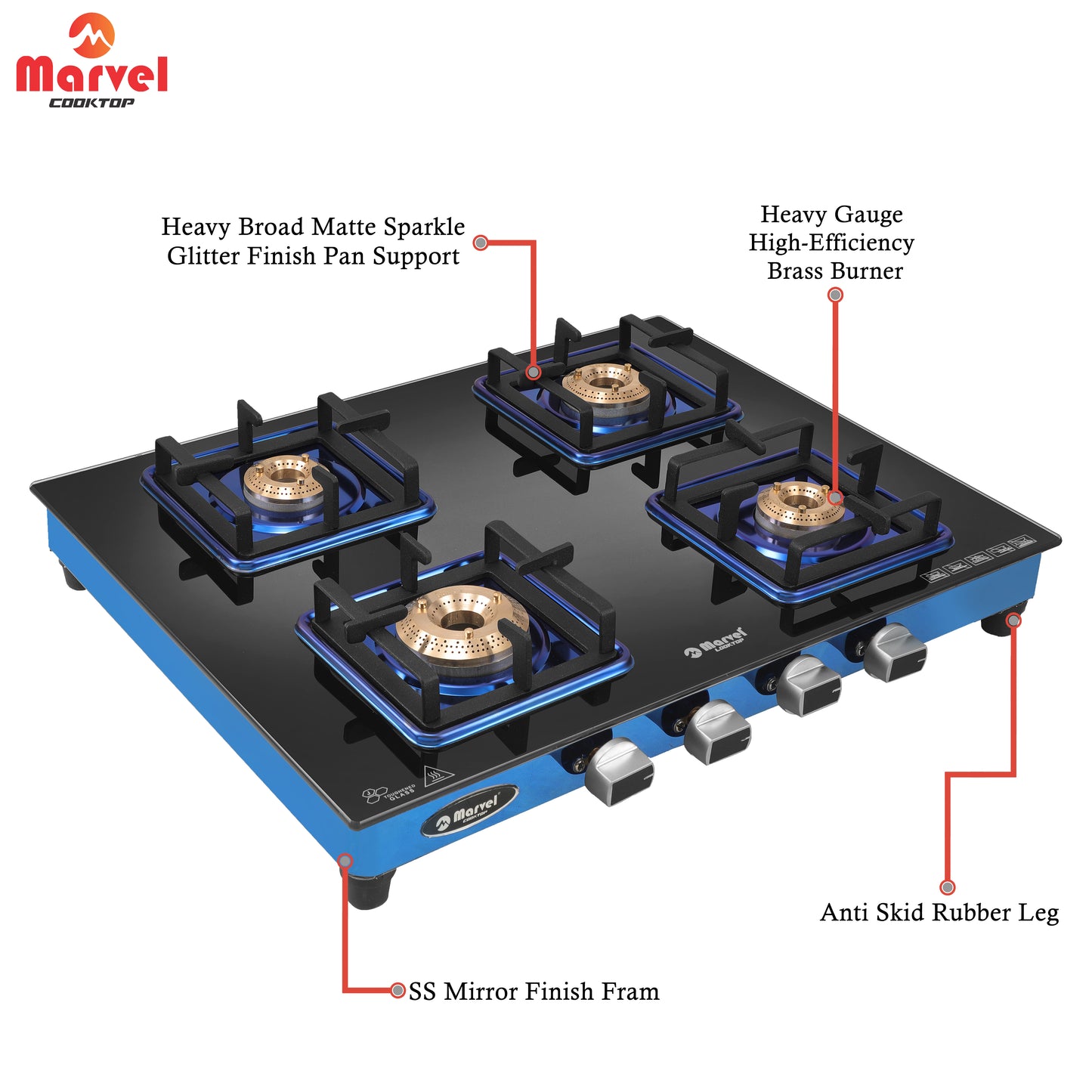 Cooktop Marvel – 4 Burner Premium Glass Gas Stove | Crystal Black Glass, Blue SS Mirror Frame, Square Pan Support | Brass Top, Manual Ignition, LPG Compatible (DOOM – 4502)