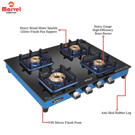 Cooktop Marvel – 4 Burner Premium Glass Gas Stove | Crystal Black Glass, Blue SS Mirror Frame, Square Pan Support | Brass Top, Manual Ignition, LPG Compatible (DOOM – 4502)