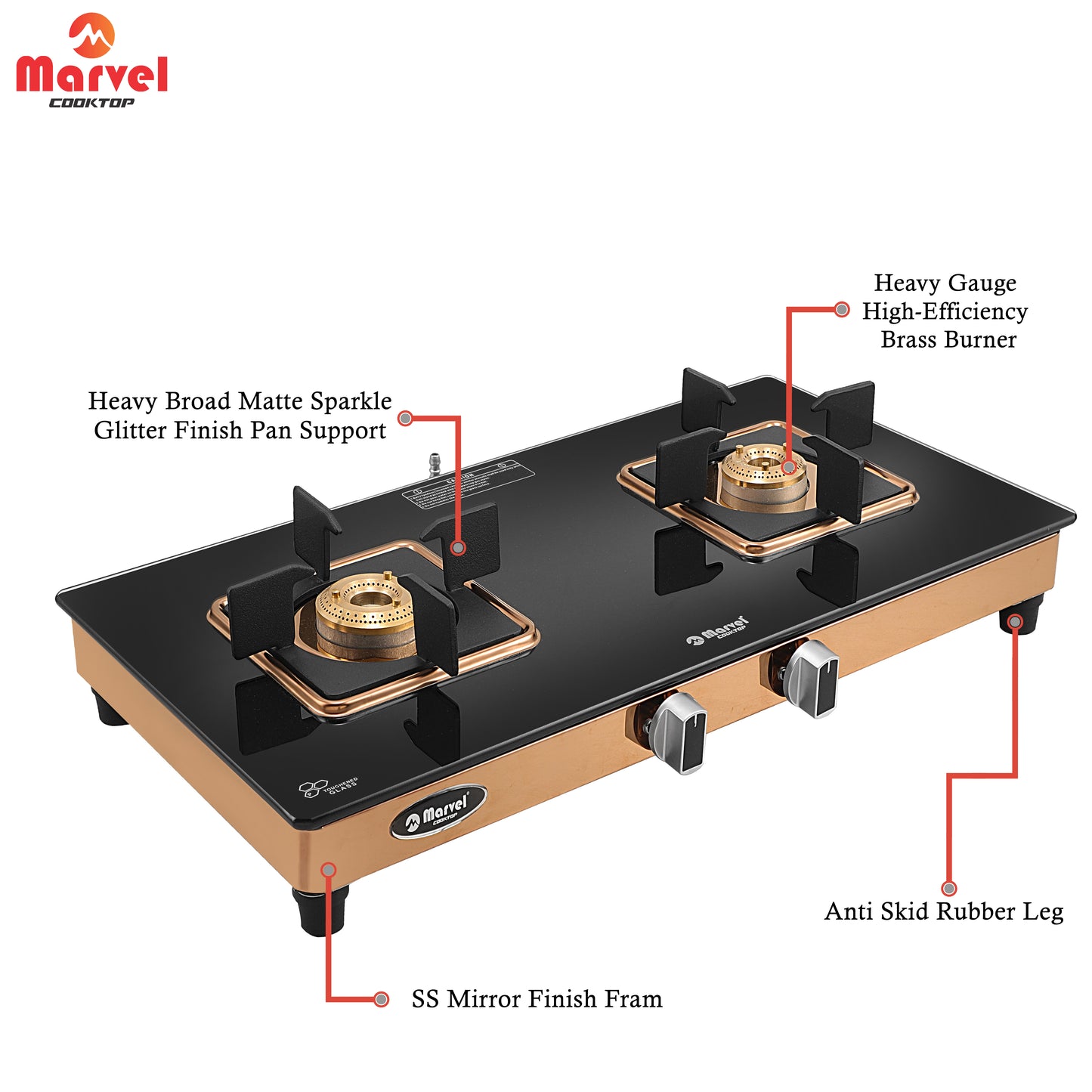 Cooktop Marvel – 2 Burner Crystal Black Glass Gas Stove with Rose Gold SS Mirror Finish Frame, Square Pan Support, Brass Top (DOOM - 2502)