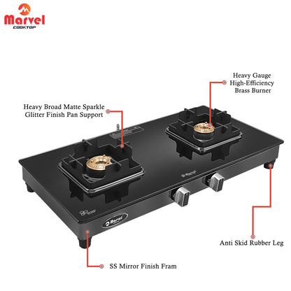 Cooktop Marvel – 2 Burner Crystal Black Glass Gas Stove with Black SS Mirror Finish Frame, Square Pan Support, Brass Top (DOOM - 2502)
