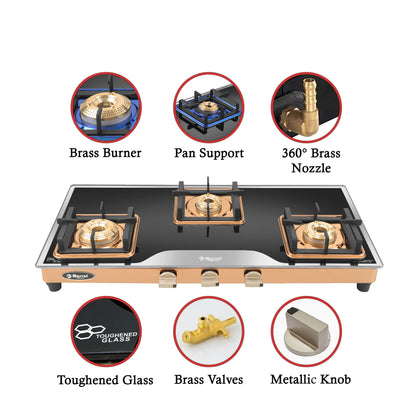 Cooktop Marvel – 3 Burner Premium LPG Gas Stove | Elite Mirror Glass, Rose Gold SS Mirror Frame, Square Pan Support | Brass Top (BEAST – 3503)