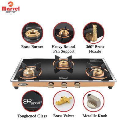 Cooktop Marvel – 3 Burner Premium LPG Gas Stove | Side Mirror Glass, Rose Gold SS Mirror Frame, Round Pan Support | Brass Top (WEGO – 3501)