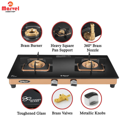 Cooktop Marvel – 2 Burner Crystal Black Glass Gas Stove with Rose Gold SS Mirror Finish Frame, Square Pan Support, Brass Top (DOOM - 2502)