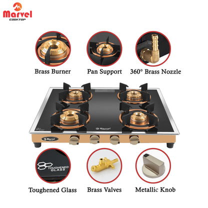 Cooktop Marvel – 4 Burner Premium Glass Gas Stove | Side Mirror Glass, Rose Gold SS Mirror Frame, Round Pan Support | Brass Top, Manual Ignition, LPG Compatible (WEGO – 4501)