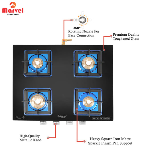 Cooktop Marvel – 4 Burner Premium Glass Gas Stove | Crystal Black Glass, Blue SS Mirror Frame, Square Pan Support | Brass Top, Manual Ignition, LPG Compatible (DOOM – 4502)