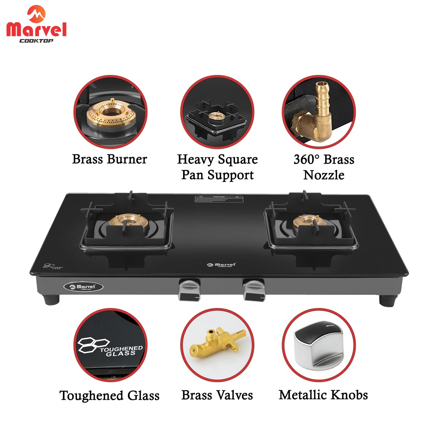 Cooktop Marvel – 2 Burner Crystal Black Glass Gas Stove with Black SS Mirror Finish Frame, Square Pan Support, Brass Top (DOOM - 2502)