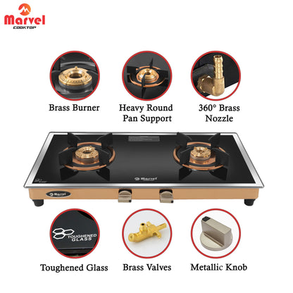 Cooktop Marvel – 2 Burner Side Mirror Glass Gas Stove with Rose Gold SS Mirror Finish Frame, Round Pan Support, Brass Top (WEGO - 2501)