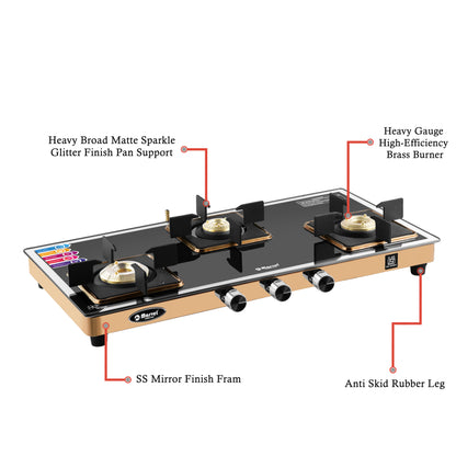 Cooktop Marvel – 3 Burner Premium LPG Gas Stove | Side Mirror Glass, Rose Gold SS Mirror Frame, Square Pan Support | Brass Top (WEGO – 3501)