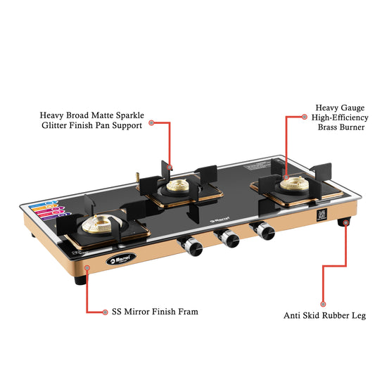 Cooktop Marvel – 3 Burner Premium LPG Gas Stove | Side Mirror Glass, Rose Gold SS Mirror Frame, Square Pan Support | Brass Top (WEGO – 3501)