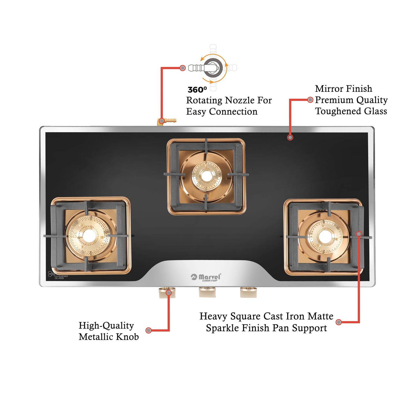 Cooktop Marvel – 3 Burner Premium LPG Gas Stove | Elite Mirror Glass, Rose Gold SS Mirror Frame, Square Pan Support | Brass Top (BEAST – 3503)