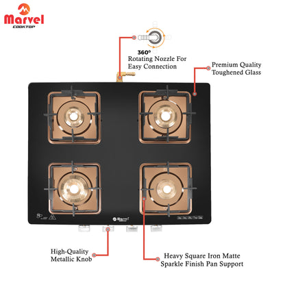 Cooktop Marvel – 4 Burner Premium Gas Stove | Crystal Black Glass, Rose Gold SS Mirror Frame, Square Pan Support | Brass Top, Manual Ignition, LPG Compatible (DOOM – 4502)