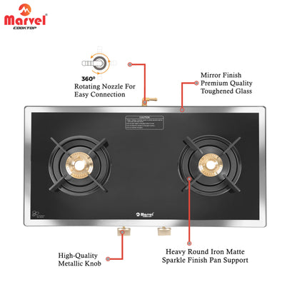 Cooktop Marvel – 2 Burner Side Mirror Glass Gas Stove with Black SS Mirror Finish Frame, Round Pan Support, Brass Top (WEGO - 2501)