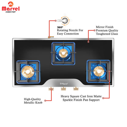 Cooktop Marvel – 3 Burner Premium LPG Gas Stove | Elite Mirror Glass, Blue SS Mirror Frame, Square Pan Support | Brass Top (BEAST – 3503)
