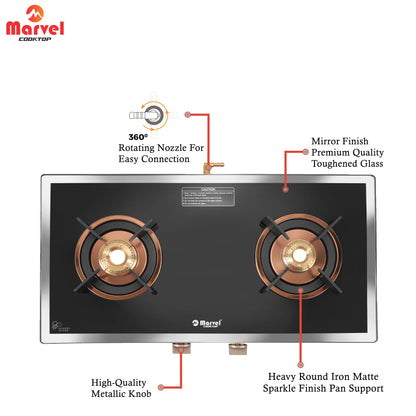 Cooktop Marvel – 2 Burner Side Mirror Glass Gas Stove with Rose Gold SS Mirror Finish Frame, Round Pan Support, Brass Top (WEGO - 2501)