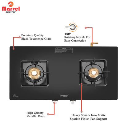 Cooktop Marvel – 2 Burner Crystal Black Glass Gas Stove with Black SS Mirror Finish Frame, Square Pan Support, Brass Top (DOOM - 2502)