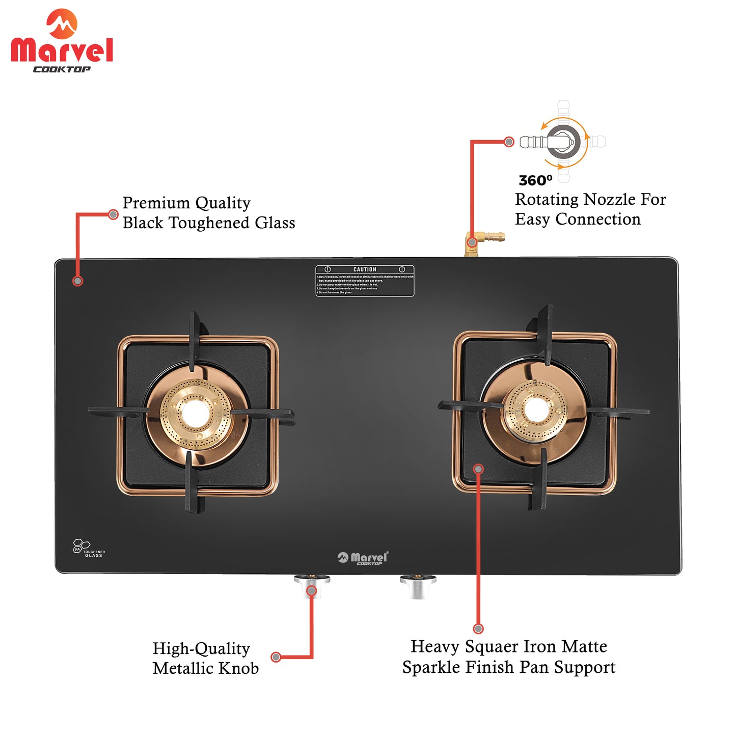 Cooktop Marvel – 2 Burner Crystal Black Glass Gas Stove with Rose Gold SS Mirror Finish Frame, Square Pan Support, Brass Top (DOOM - 2502)