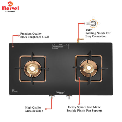 Cooktop Marvel – 2 Burner Crystal Black Glass Gas Stove with Rose Gold SS Mirror Finish Frame, Square Pan Support, Brass Top (DOOM - 2502)