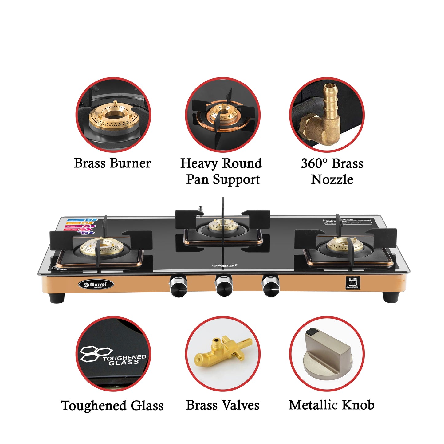 Cooktop Marvel – 3 Burner Premium LPG Gas Stove | Side Mirror Glass, Rose Gold SS Mirror Frame, Square Pan Support | Brass Top (WEGO – 3501)