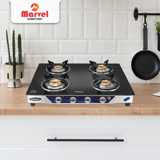 Cooktop Marvel – 4 Burner Gas Stove | Crystal Black Glass, SS Frame | Regular Brass Burner | Manual Ignition, LPG Compatible (PHASTOS SS – 4401)