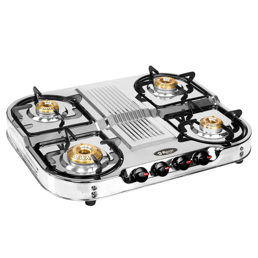 Cooktop Marvel – 4 Burner Double Decker Glain Stainless Steel LPG Gas Stove | Jumbo Brass Burner, Heavy Body | Manual Ignition (HERCULES – 4202)