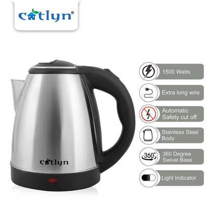 Catlyn – LUFFY Stainless Steel Electric Kettle (1500W, Silver & Black)