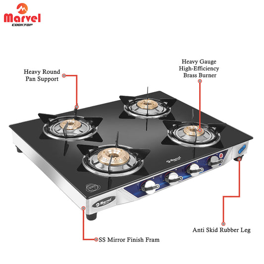 Cooktop Marvel – 4 Burner Gas Stove | Crystal Black Glass, SS Frame | Regular Brass Burner | Manual Ignition, LPG Compatible (PHASTOS SS – 4401)